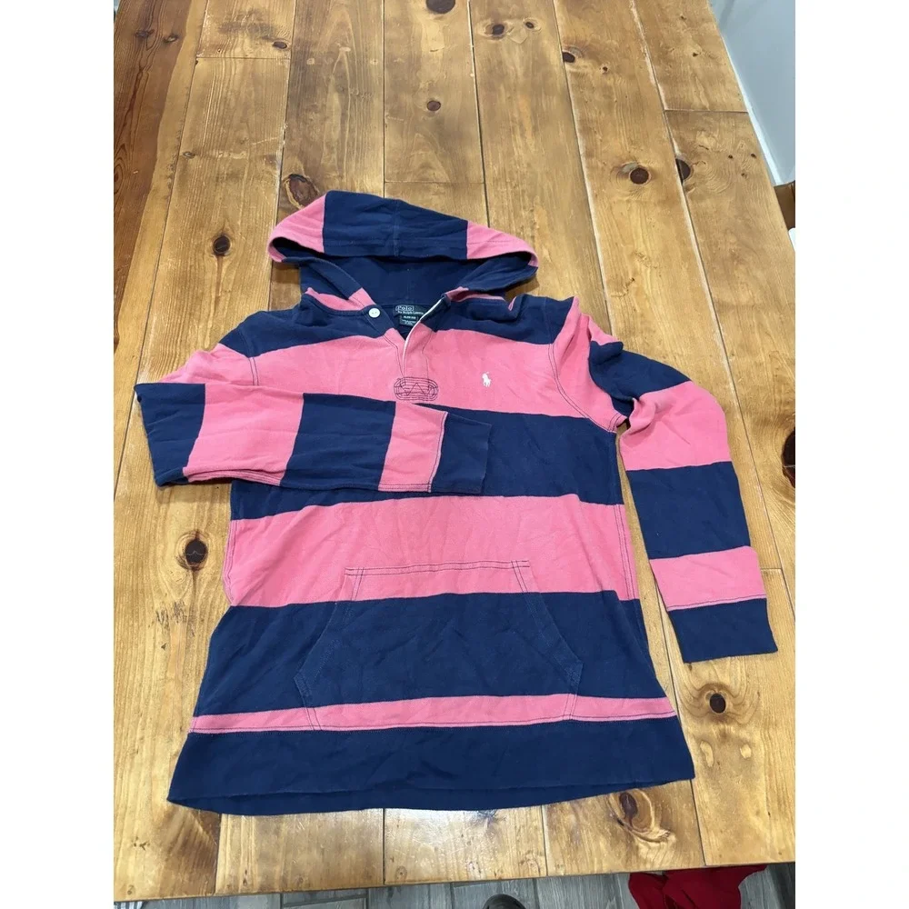 Polo Ralph Lauren Boys Striped Hoodie Pullover Sweatshirt Pink Blue XL (18-20)
